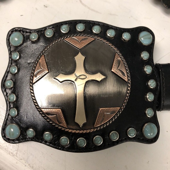 3D LEATHER BELT Cross MEDALLIONS Women’s Size L Large 34-39” Cats Eye Stones New main image 10